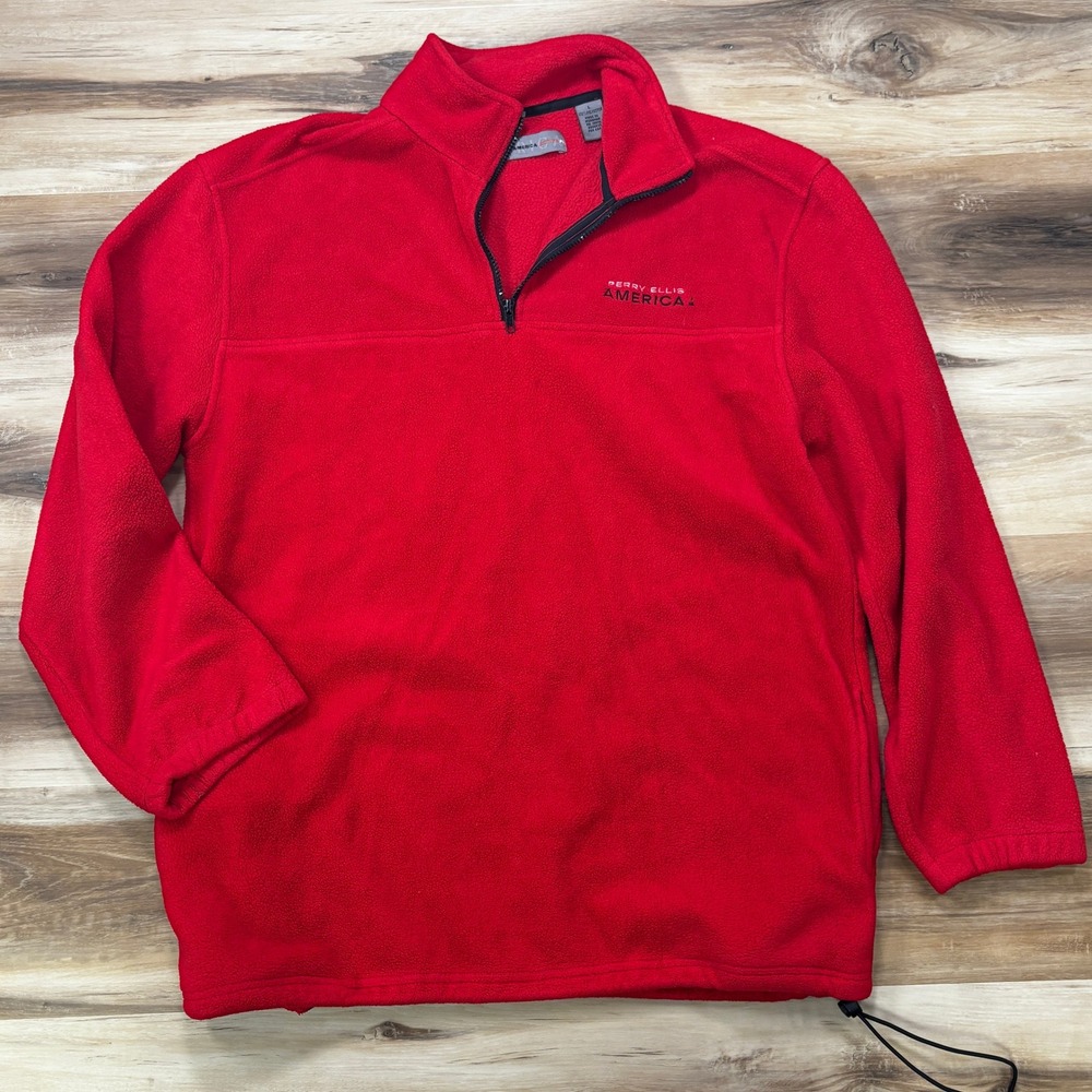 Vintage Perry Ellis America Pullover Large Quarter Zip Fleece Activewear Red 90s